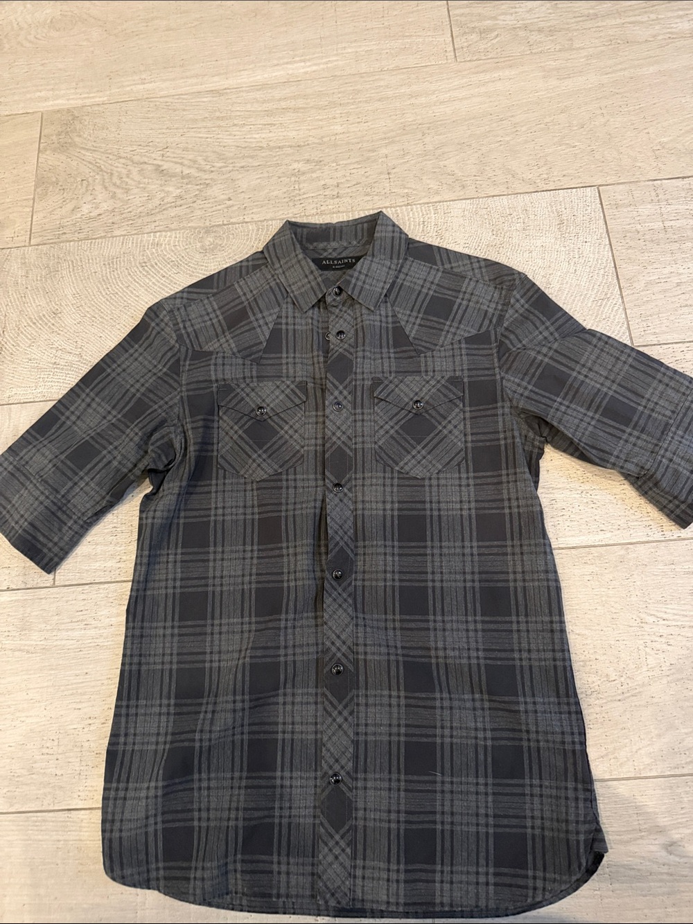 All Saints Black and Gray Plaid Short-Sleeve Button-Down Shirt